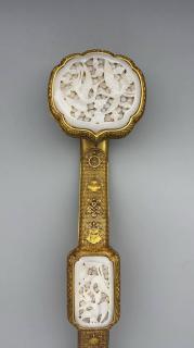 ld93:t13珍藏铜镀金手工錾刻如意和田玉镶嵌