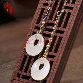 箴诺 和田玉白玉平安扣耳坠14k包金玉扣耳环 复古气质玉石耳饰耳钉 款